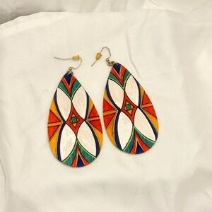Hand-Painted Teardrop Earrings in Orange, Green & White